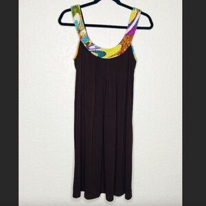 LYNDIA PROCANIK Brown Sleeveless Shift Dress Colorful Beaded Neckline Size Small